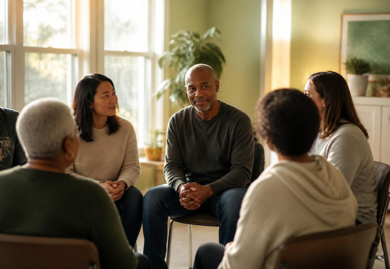 A small support group sitting in a circle in a sunlit community room